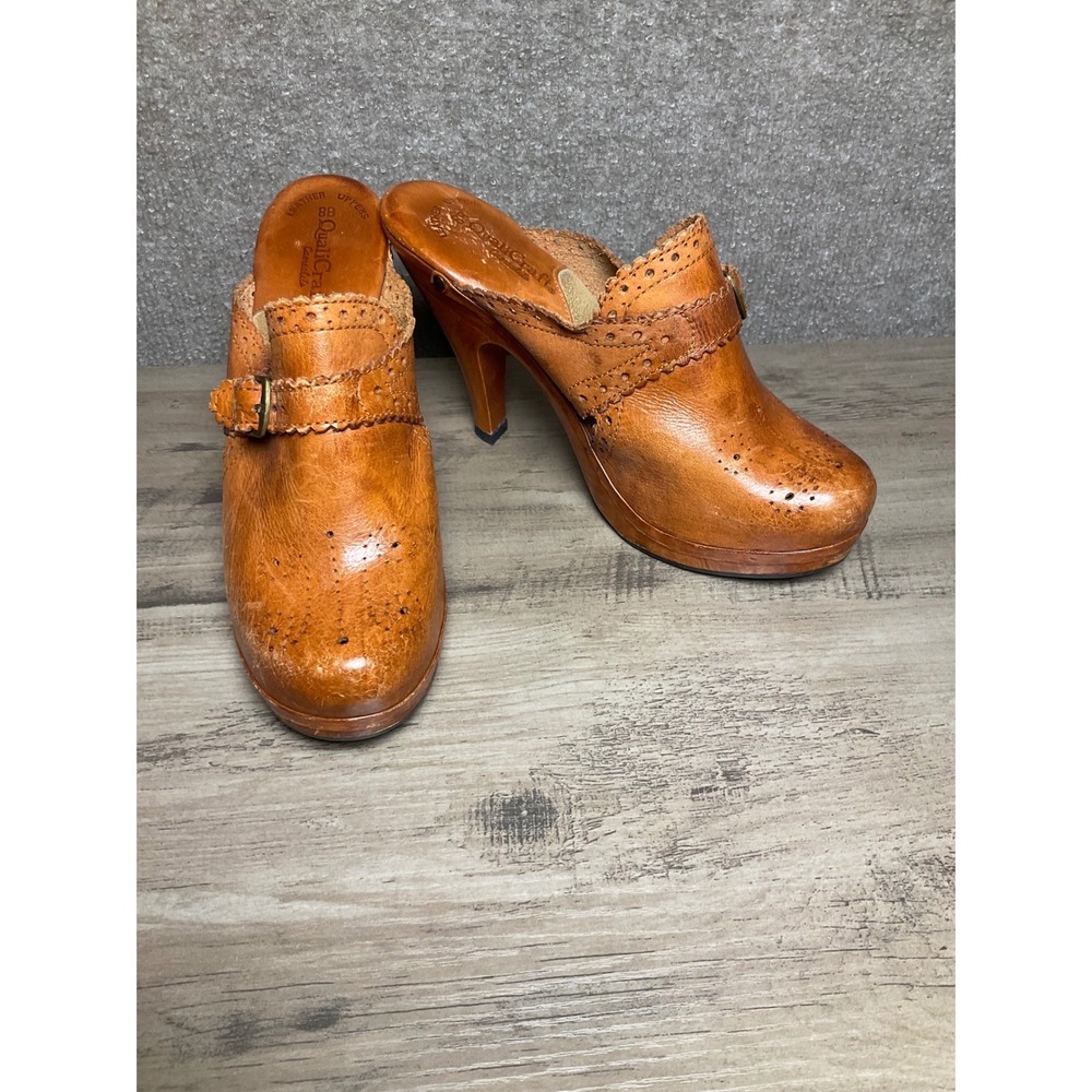 QuailCraft Vintage Brown Leather Wooden Clog Mule Women's Size 7.5/38 Boho Y2K - Picture 10 of 10